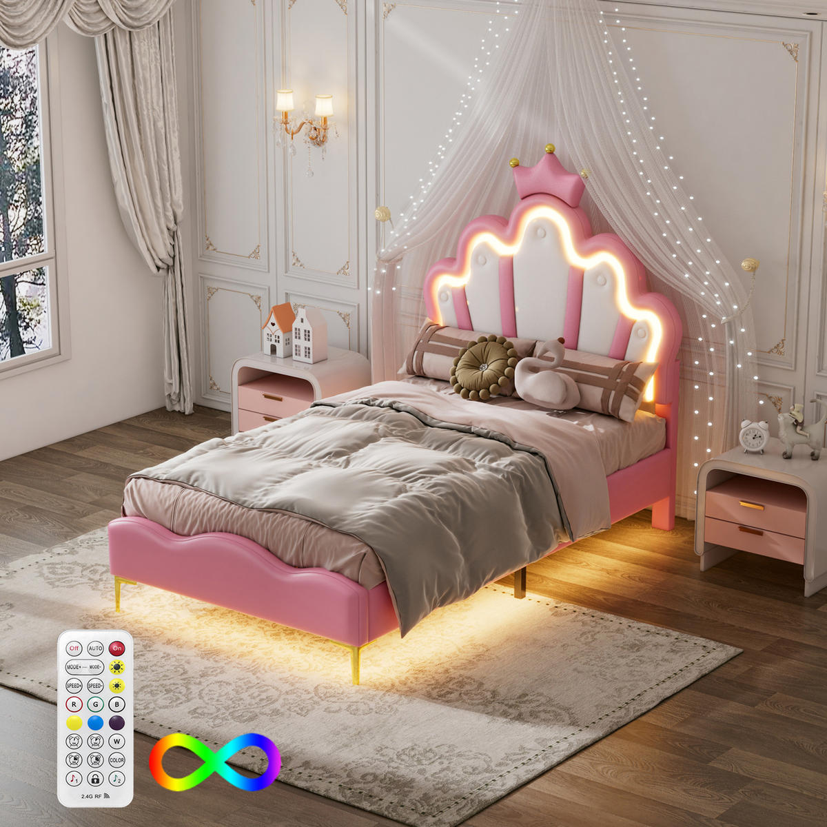 POLSTERBETT 90x190 cm mit LED, Krone & PU-Bezug, Rosa - Rosa, Metall (90/190cm) - EuroLiving