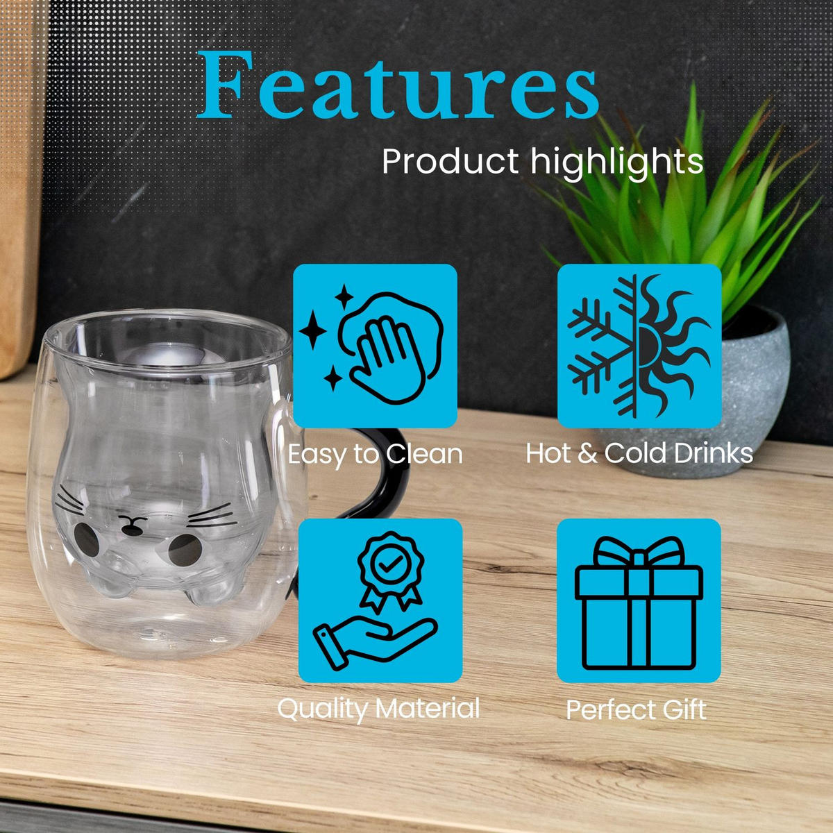 THERMO GLAS Design Katze 200ml - Schwarz, Glas - Intirilife