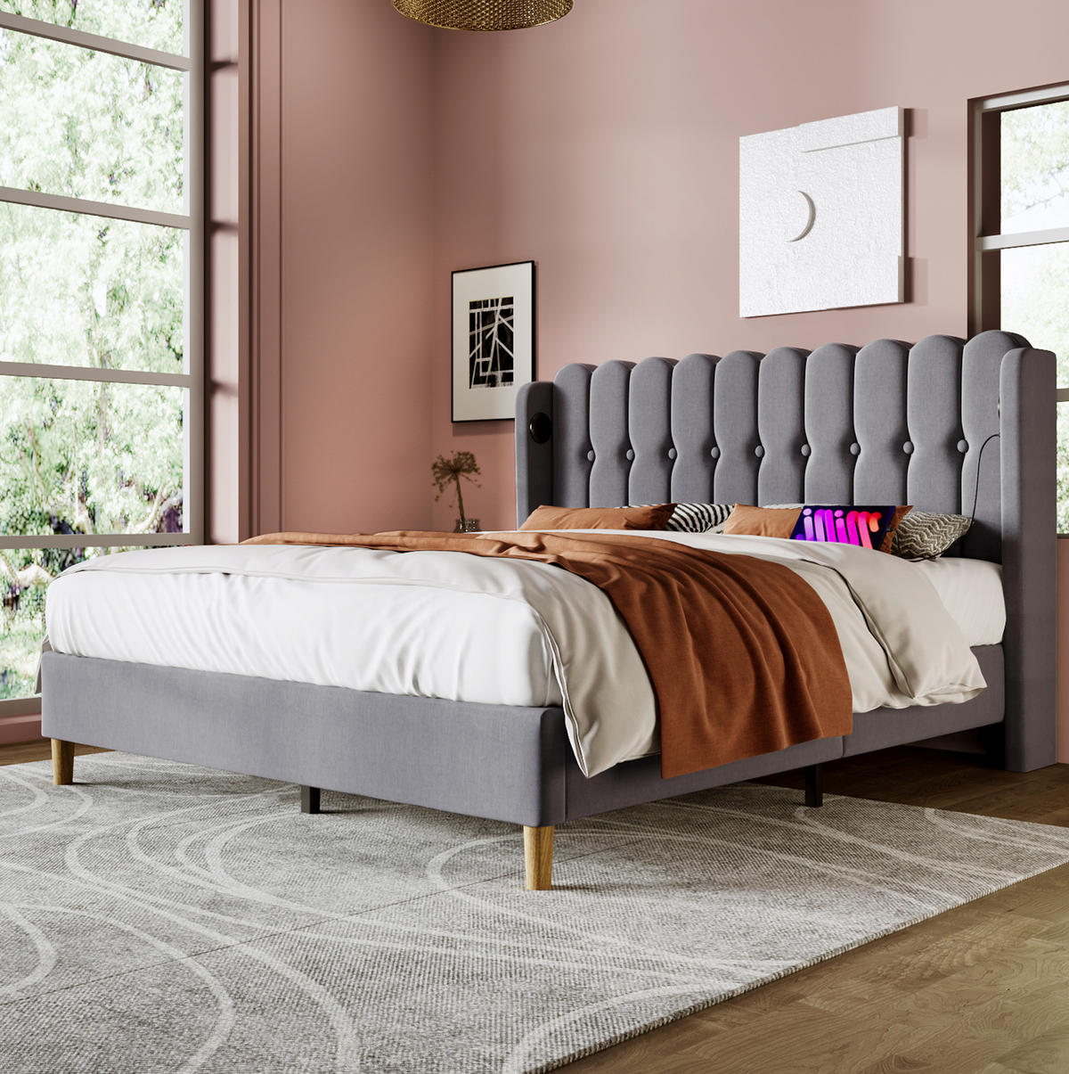 POLSTERBETT 160/200 cm mit USB- & Typ-C-Anschluss, Leinenbezug Grau, Lattenrost inkl., Grau - Grau, Textil (160/200cm) - Redom
