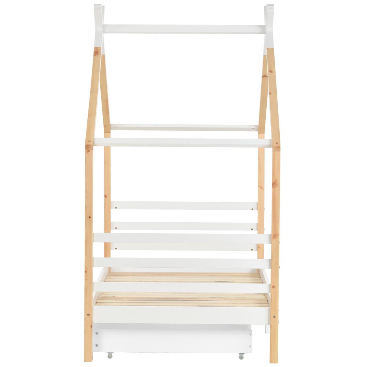 HAUSBETT 90/200 cm DE-00506, in Weiß+Holzfarbe, 2 Schubladen - Weiß, Holz (90/200cm) - ComfortXL