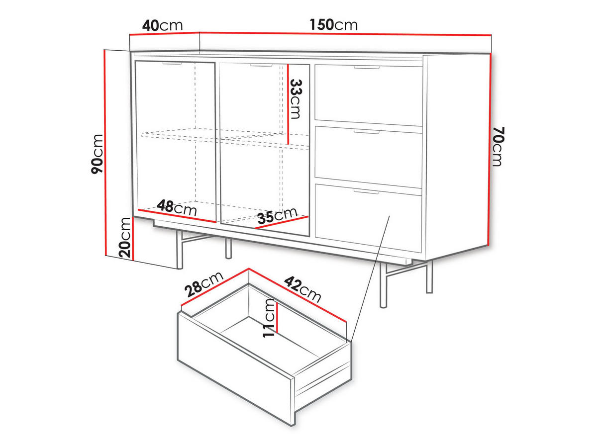 KOMMODE Edison 2D3S - Nussbaumfarben/Schwarz, Holzwerkstoff/Metall (150/90/40cm) - MIRJAN24