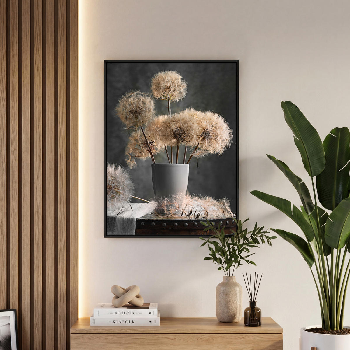 LEINWAND Bilder mit Rahmen - Blumensamen - Löwenzahn - Vase - Stilleben - Blumenstrauß - 50x70 - Dunkelgrau, Textil (50/70cm) - MuchoWow