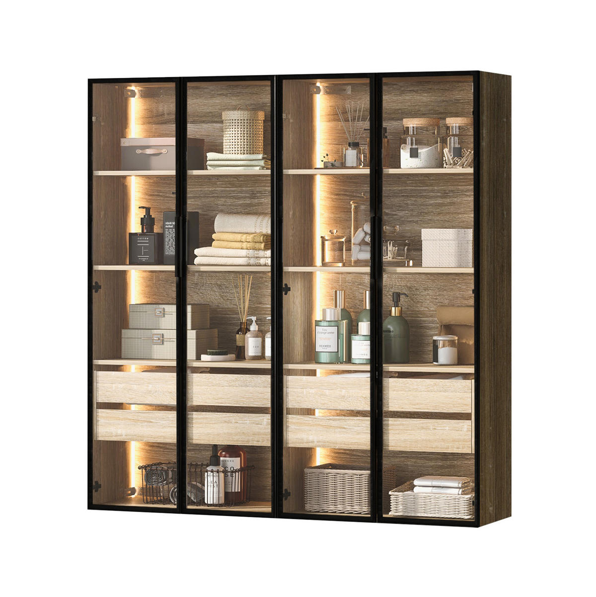 BADEZIMMERSCHRANK 74x36x155 cm Natural aus Spanplatte mit LED-Beleuchtung & Glasschranktüren - Naturfarben, Holzwerkstoff (74/155/36cm) - Modfu