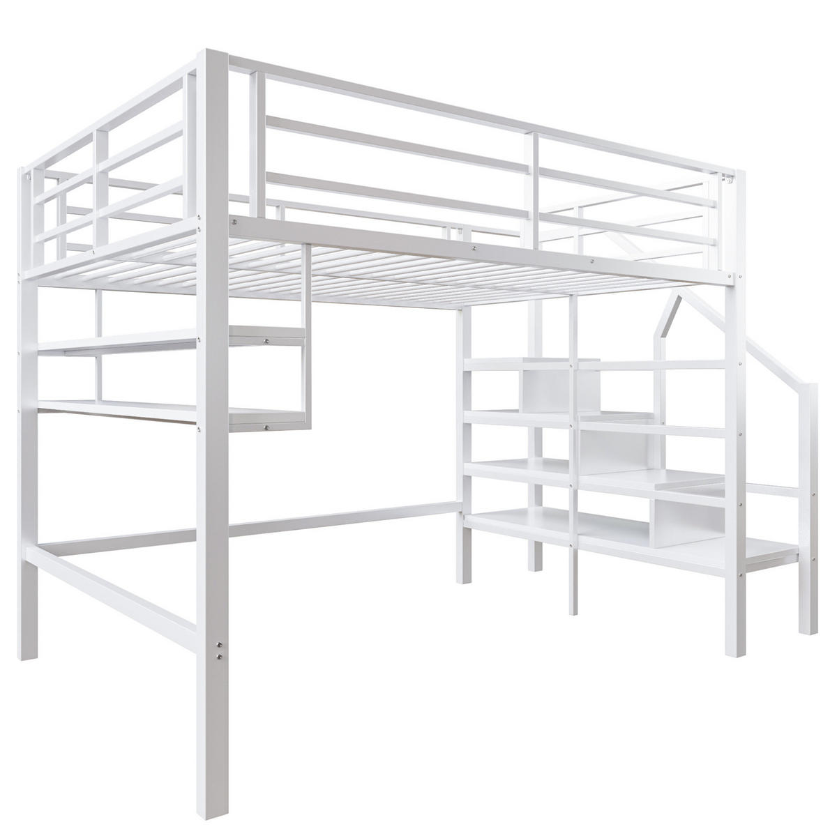 HOCHBETT 140/200 cm aus Metall und MDF mit Stauraumleiter und Regalen Weiß - Weiß, Metall (140/200cm) - Modenvie