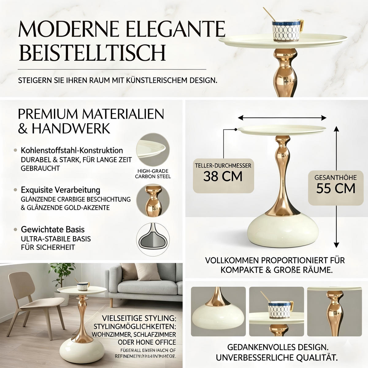 BEISTELLTISCH Ø 38 cm luxuriöses design - Weiß, Metall (38/38/54cm) - Urban Meuble