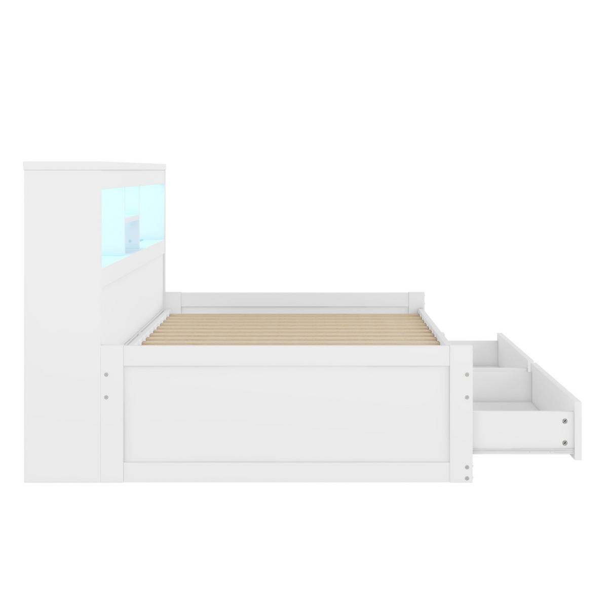 TAGESBETT 90/200 cm mit LED-Ambientebeleuchtung, 2 USB-Anschlüssen, 2 Steckdosen, 2 Schubladen und Spanplatte/MDF, Weiß/Natur - Weiß, Holzwerkstoff (90/200cm) - Redom