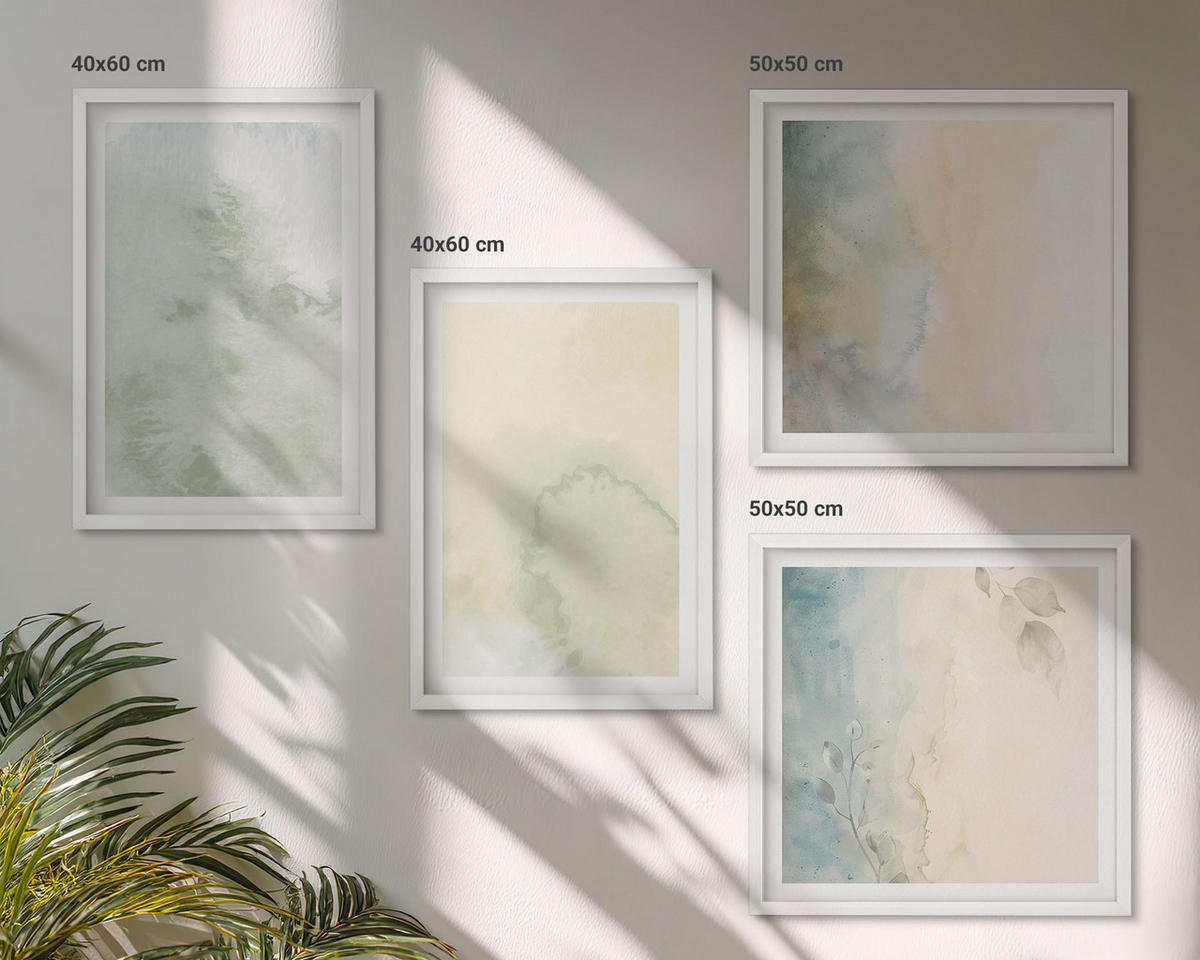 BILDER SET 4er Set - 50x50 cm & 40x60 cm Weißer Rahmen - Pastellfarbene Aquarell-Leinwandtextur - Weiß, Kunststoff (50/50cm) - TULUP