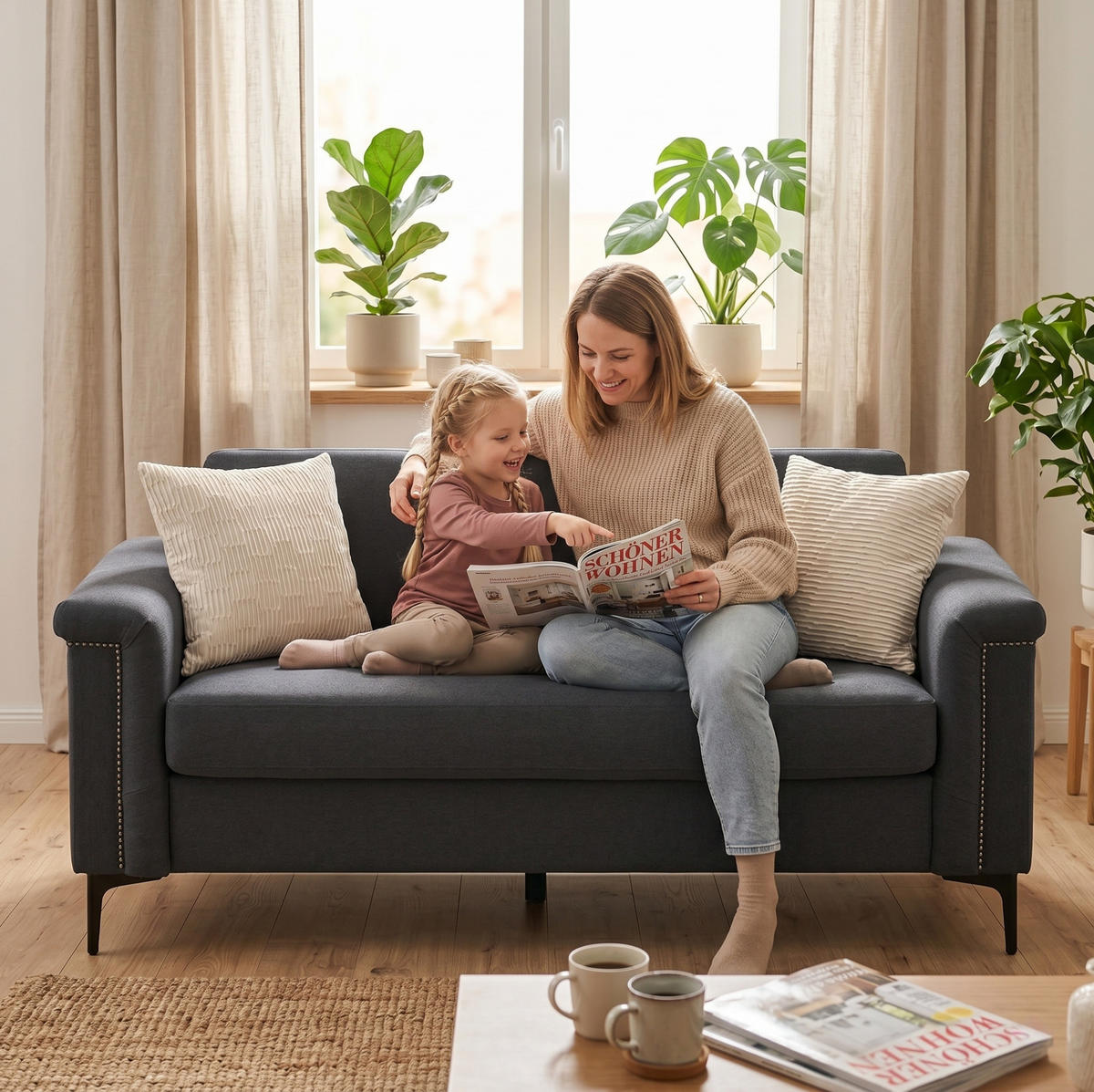 2-SITZER 172/72/82 cm dunkelgrau aus Sperrholz und Massivholz mit Metallfüßen - Dunkelgrau, Textil (73.5/81.5/172cm) - OKMYHOME