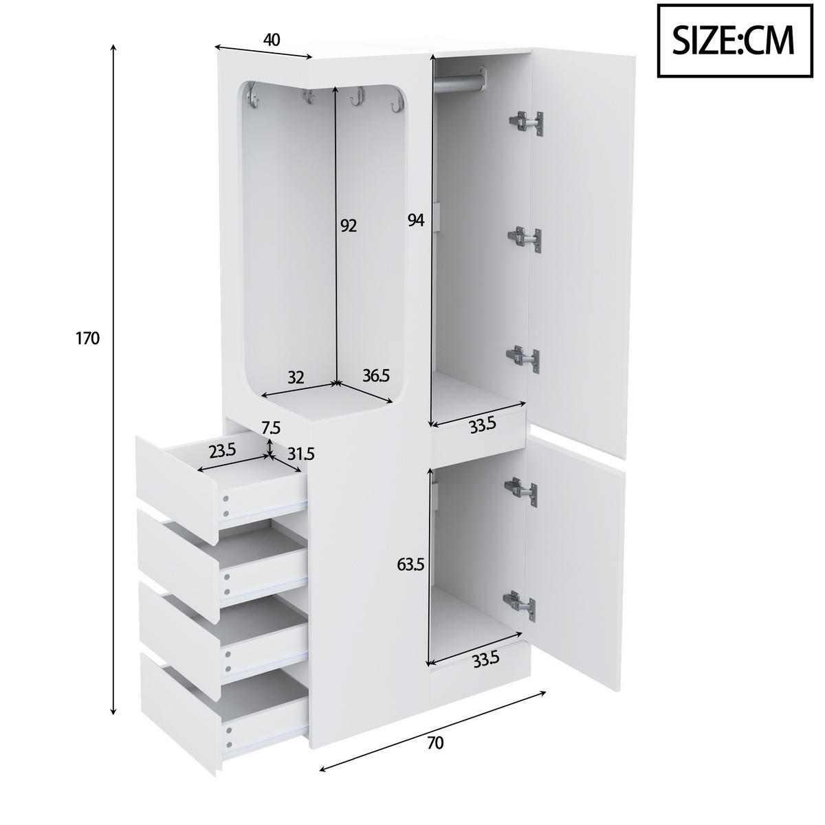 KLEIDERSCHRANK 70x40x170cm 1 Tür Schubladen Weiß - Weiß, Holz (70/170/40cm) - FLIEKS