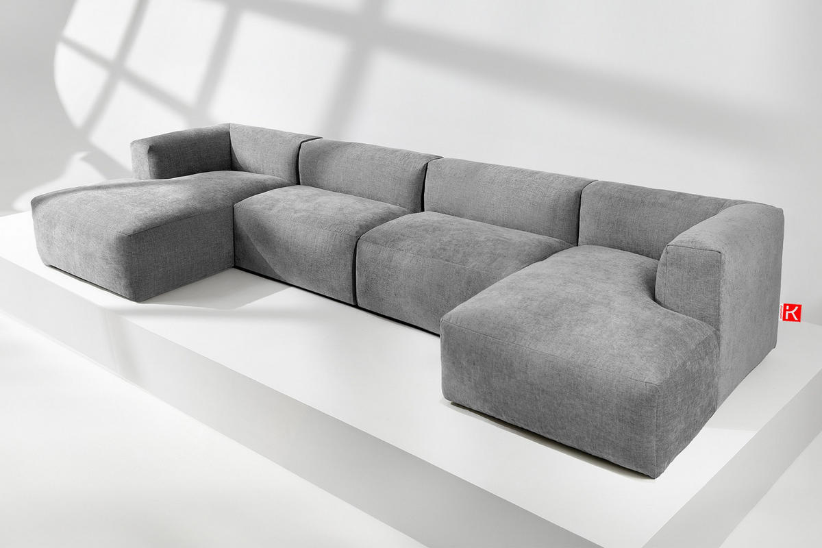 PANORAMA-ECKSOFA BUFFO 7/8 Sitzer mit extrem weicher Sitzfläche, Gewebestoff, hell aschfahl - Hellgrau/Grau, Textil (424/73/180cm) - KONSIMO®