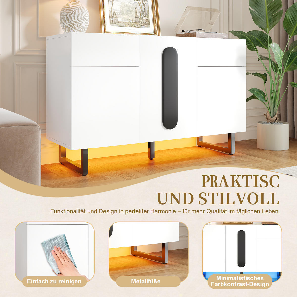 SIDEBOARD 120 cm mit Schubladen, Türen und Metallbeinen, Weiß - Weiß, Holzwerkstoff (120/75/40.5cm)