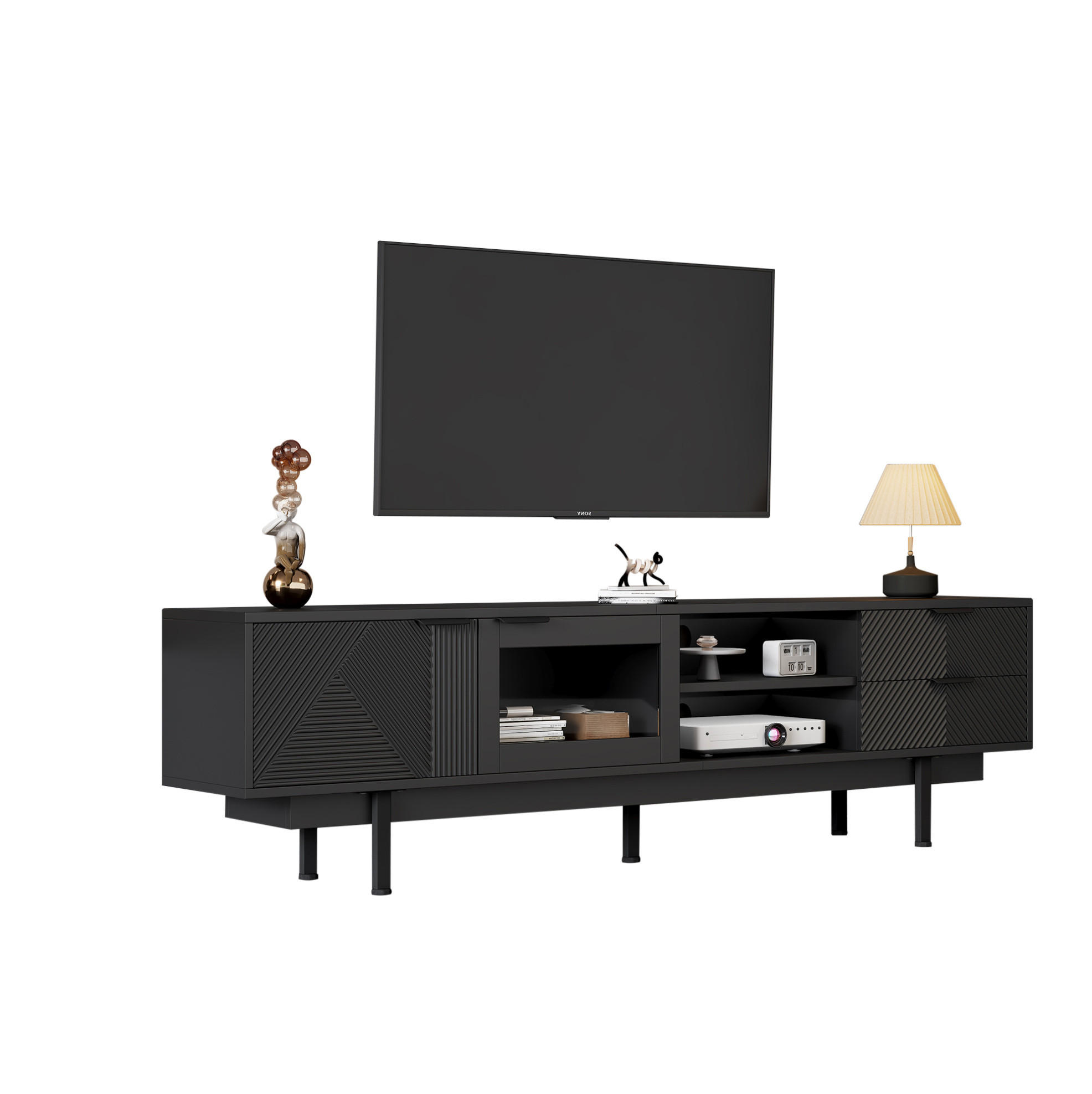 TV-LOWBOARD 200/40/50,5 cm mit 2 Türen, 2 Schubladen und 3 Ebenen, aus Spanplatte mit Glasdetail, Schwarz - Schwarz, Holzwerkstoff (200/50.5/40cm) - Redom