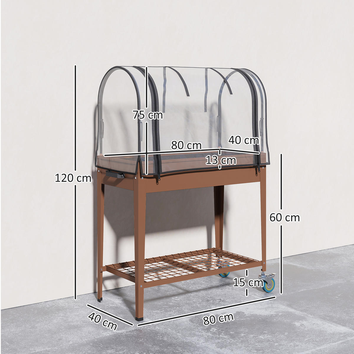 HOCHBEET DE-16036 mit transparenter Abdeckung & Rollen - Braun, Metall (80/120/40cm) - ComfortXL
