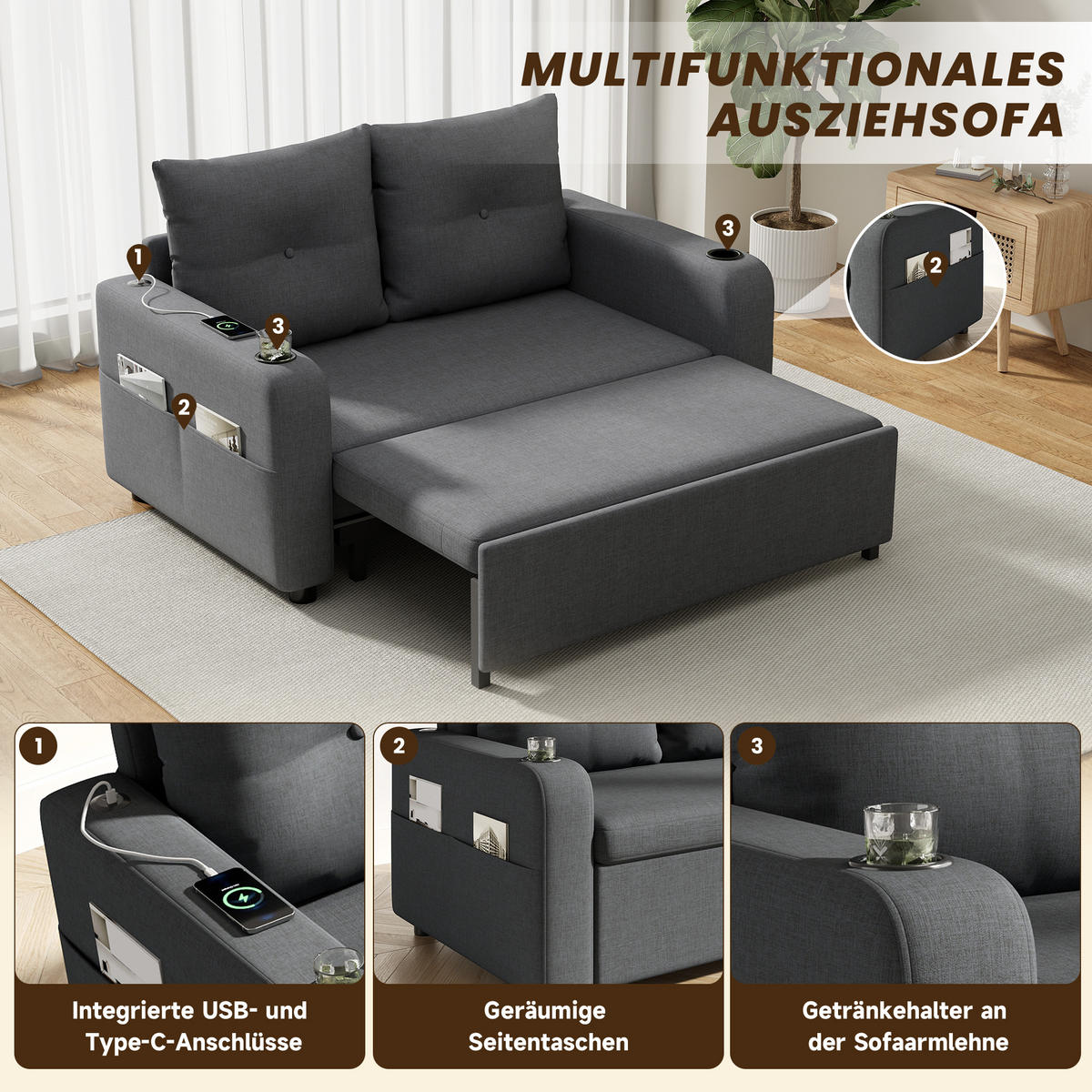 SCHLAFSOFA 3-in-1 Baumwoll-Leinen ausziehbar mit USB-Anschluss und Becherhalter Grau 131/81/94 cm - Grau, Textil (81/94/131cm) - Redom