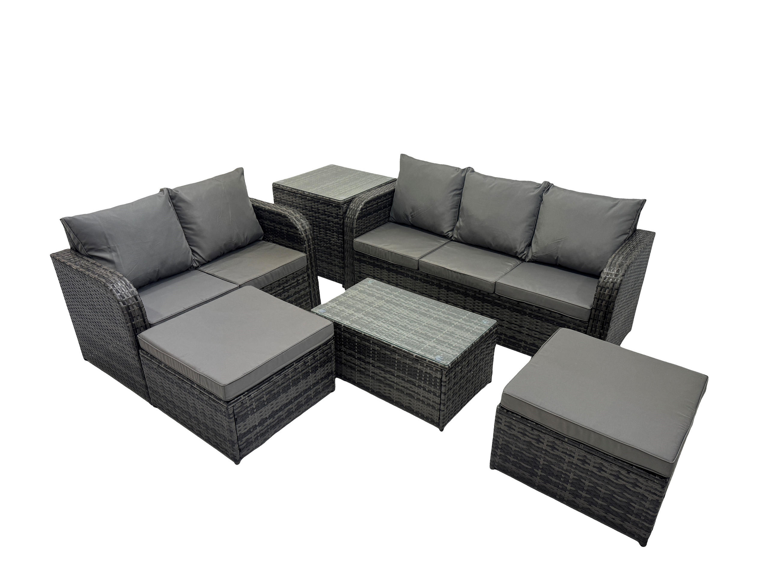 GARTENMÖBELGARNITUR mit KISSEN Polyrattan Dunkelgrau 7-Sitzer - Dunkelgrau/Grau, Glas/Kunststoff - Fimous