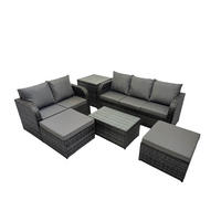 GARTENMÖBELGARNITUR mit KISSEN Polyrattan Dunkelgrau 7-Sitzer - Dunkelgrau/Grau, Glas/Kunststoff - Fimous