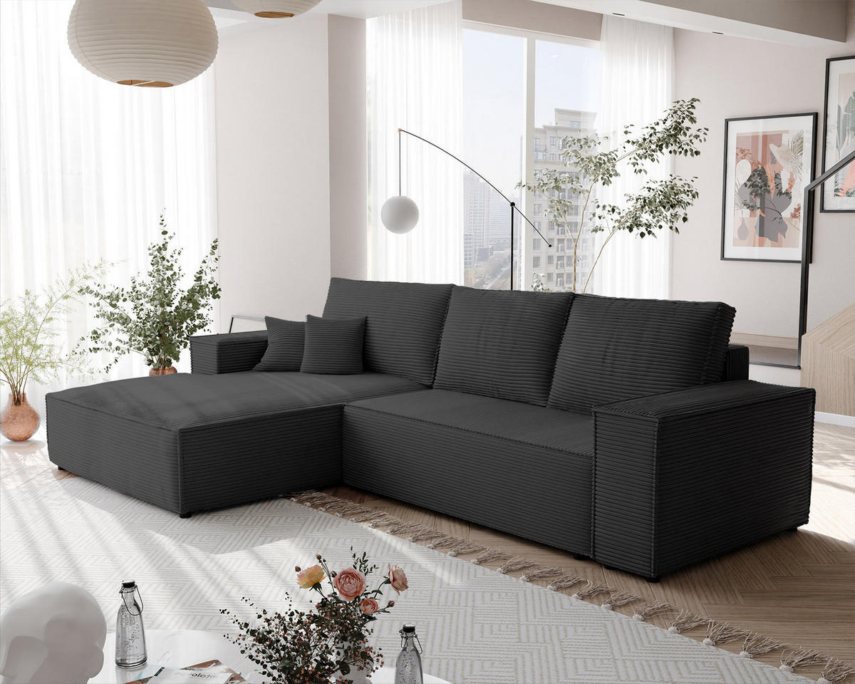 ECKSOFA NOVA mit Schlaffunktion und Bettkasten Anthrazit - Anthrazit, Holzwerkstoff/Kunststoff (250/90cm) - Idohome