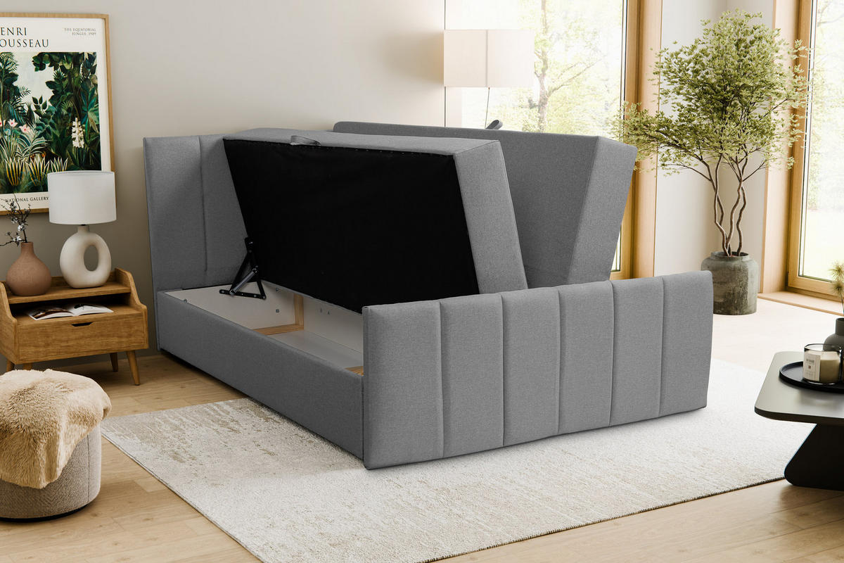 BOXBETT CLAUDINE mit 2 Bettkästen, 180x200, Farbe: Grau, Velourstoff, mit Bonell-Matratze inkl. Topper - Grau, Holz/Kunststoff (180/200cm) - VENASI MÖBEL
