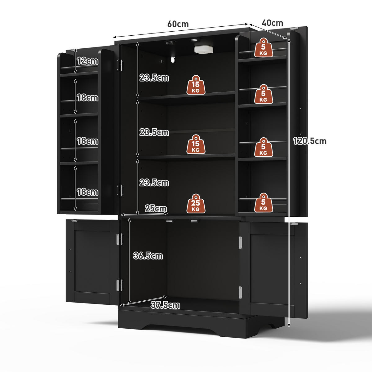 BUFFET Aufbewahrungsschrank 120x60x40cm Schwarz mit LED Licht & Wellentüren - Schwarz, Holzwerkstoff (40/120/60cm) - Modfu