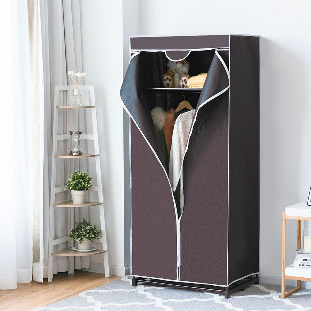STOFFKLEIDERSCHRANK mit Kleiderstange braun - Braun, Textil (74/172/50cm) - COSTWAY