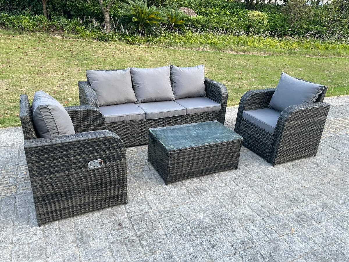 GARTENMÖBEL SET MIT LIEGESTUHL 3 SITZER SOFA Polyrattan 5-Sitzer - Dunkelgrau/Grau, Glas/Kunststoff - Fimous