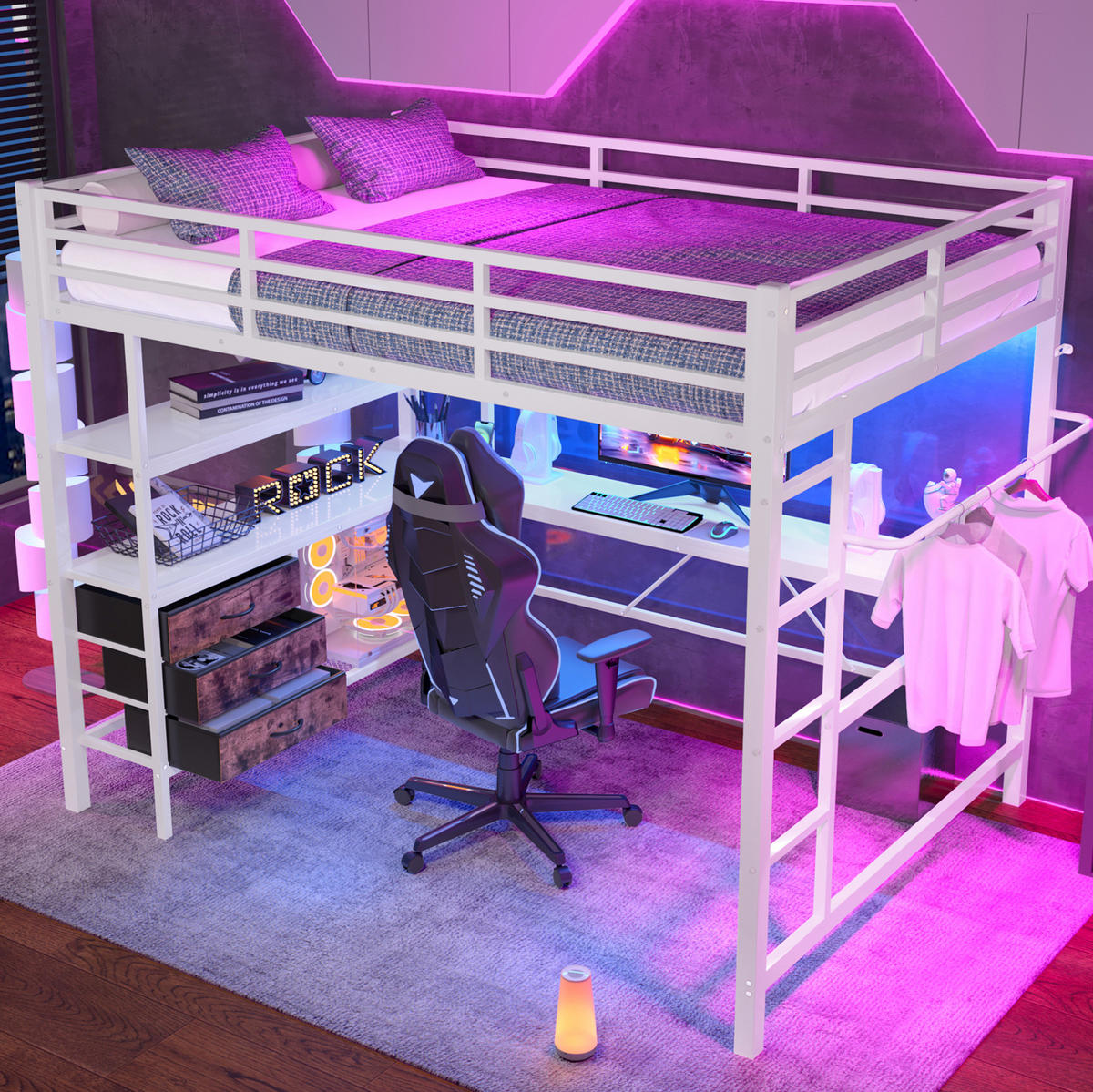 HOCHBETT 140/200 cm in Weiß mit LED-Beleuchtung, Schreibtisch und 3 Schubladen - Weiß, Metall (140/200cm) - Flora Grace