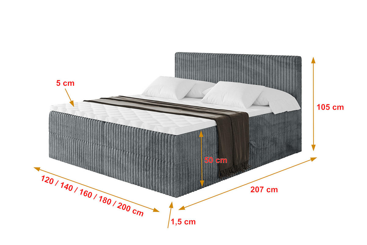 BOXBETT mit Matratze H3 und Lattenrost - TOLO - 140x200 Cord - Dunkelgrau - Dunkelgrau, Holzwerkstoff/Kunststoff (140/200cm) - ALTDECOR