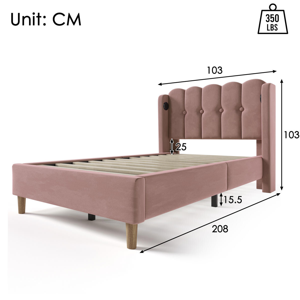 POLSTERBETT 90/200 cm in Rosa aus Samt mit USB- und Type-C-Anschlüssen - Rosa, Textil (90/200cm) - Flora Grace