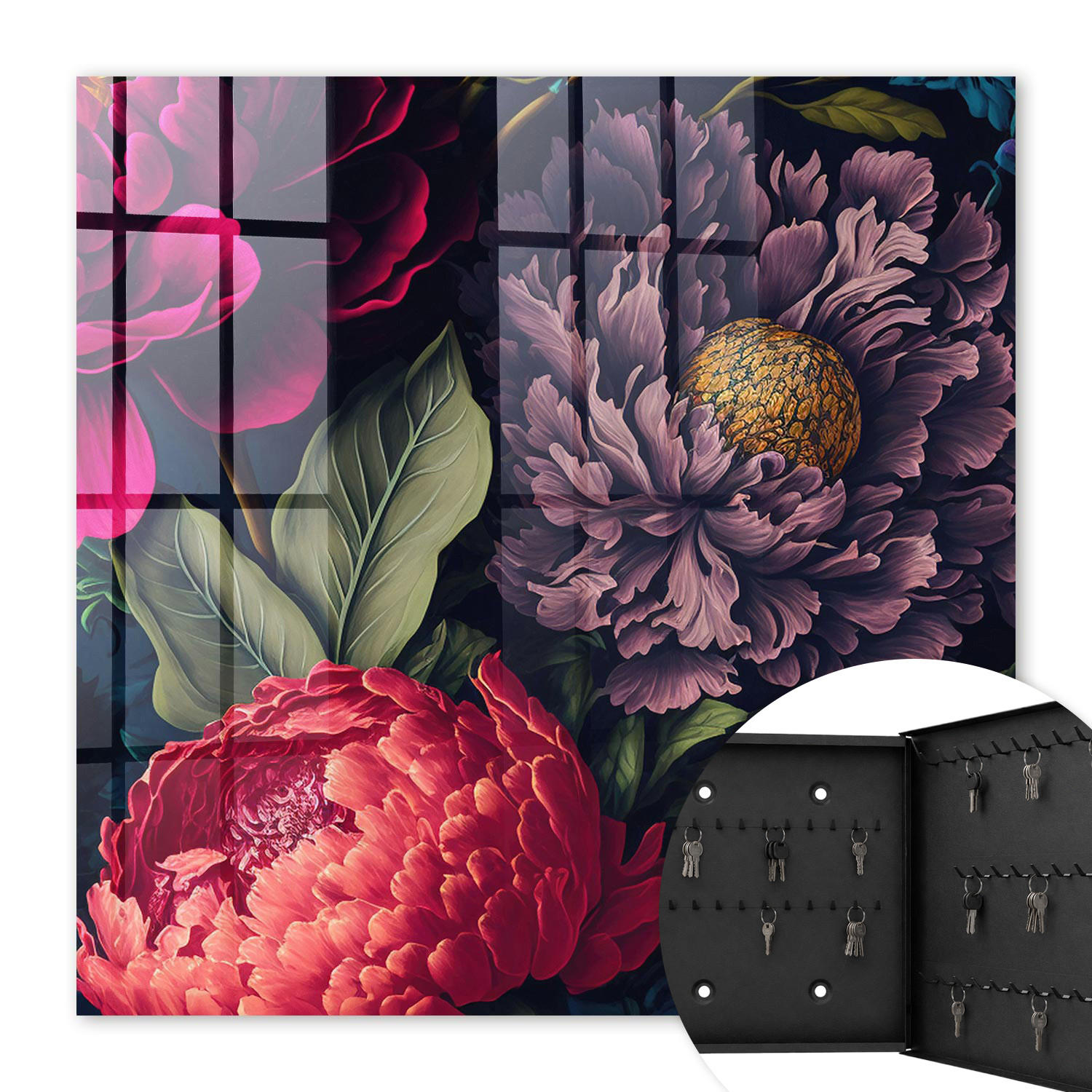 SCHLÜSSELBOX Schwarz 30x30 cm- Türöffnung nach rechts - Blumen des Luxus - Lila, Metall (30/30/5cm) - TULUP