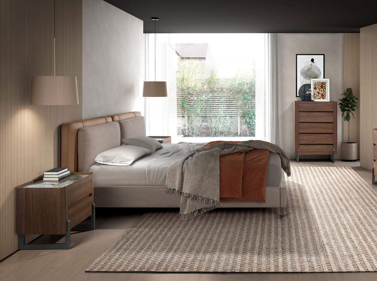 BETT Bett aus nerzfarbenem Kunstleder und grauem Stoff 217/222/100 cm - Taupe/Edelstahlfarben, Leder (180/200cm) - ANGEL CERDA