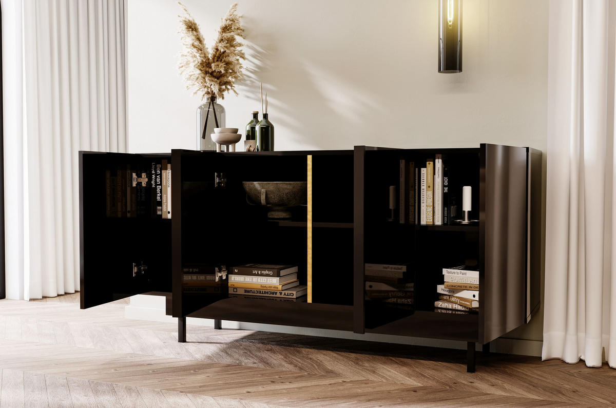 SIDEBOARD Artemisa Schwarz, goldener Akzent, Hochglanz - Schwarz Hochglanz/Schwarz, Holzwerkstoff/Metall (163/81/42cm) - Dancan