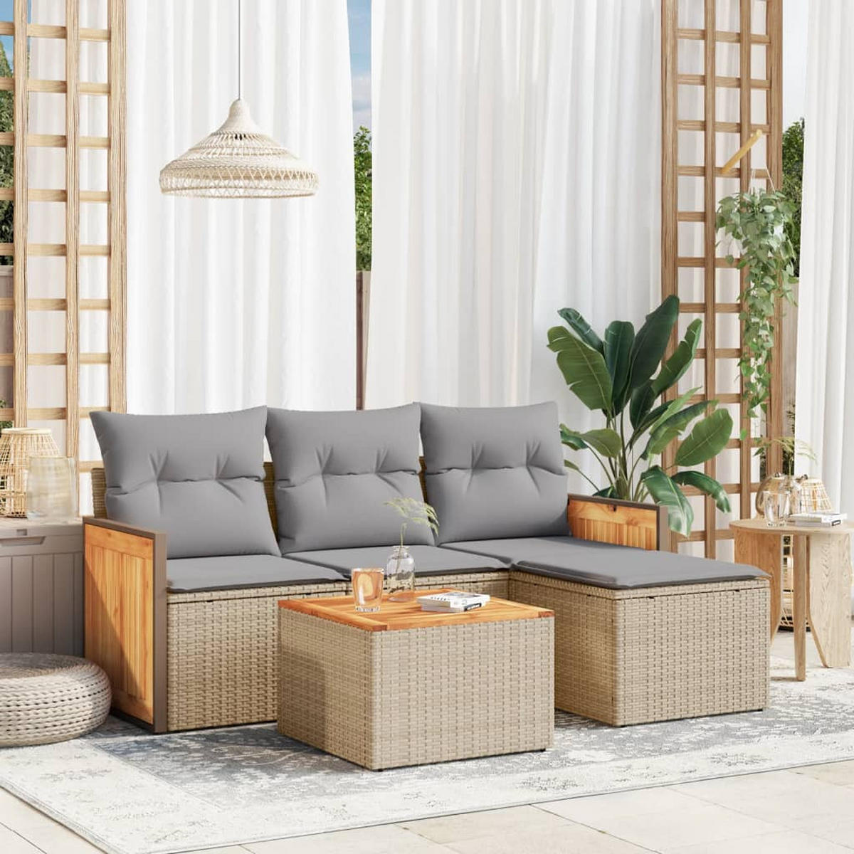 GARTEN-SOFAGARNITUR 5Er Set Mit Kissen Beige Poly Rattan - Beige, Kunststoff - vidaXL