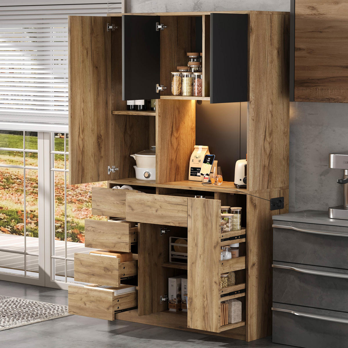 BUFFETSCHRANK schwarz-natur aus MDF mit App-Farbwechsel-LED und integrierter Steckdosenleiste 105 × 40 × 185 cm - Naturfarben, Holzwerkstoff (105/185/40cm) - Luhomfu