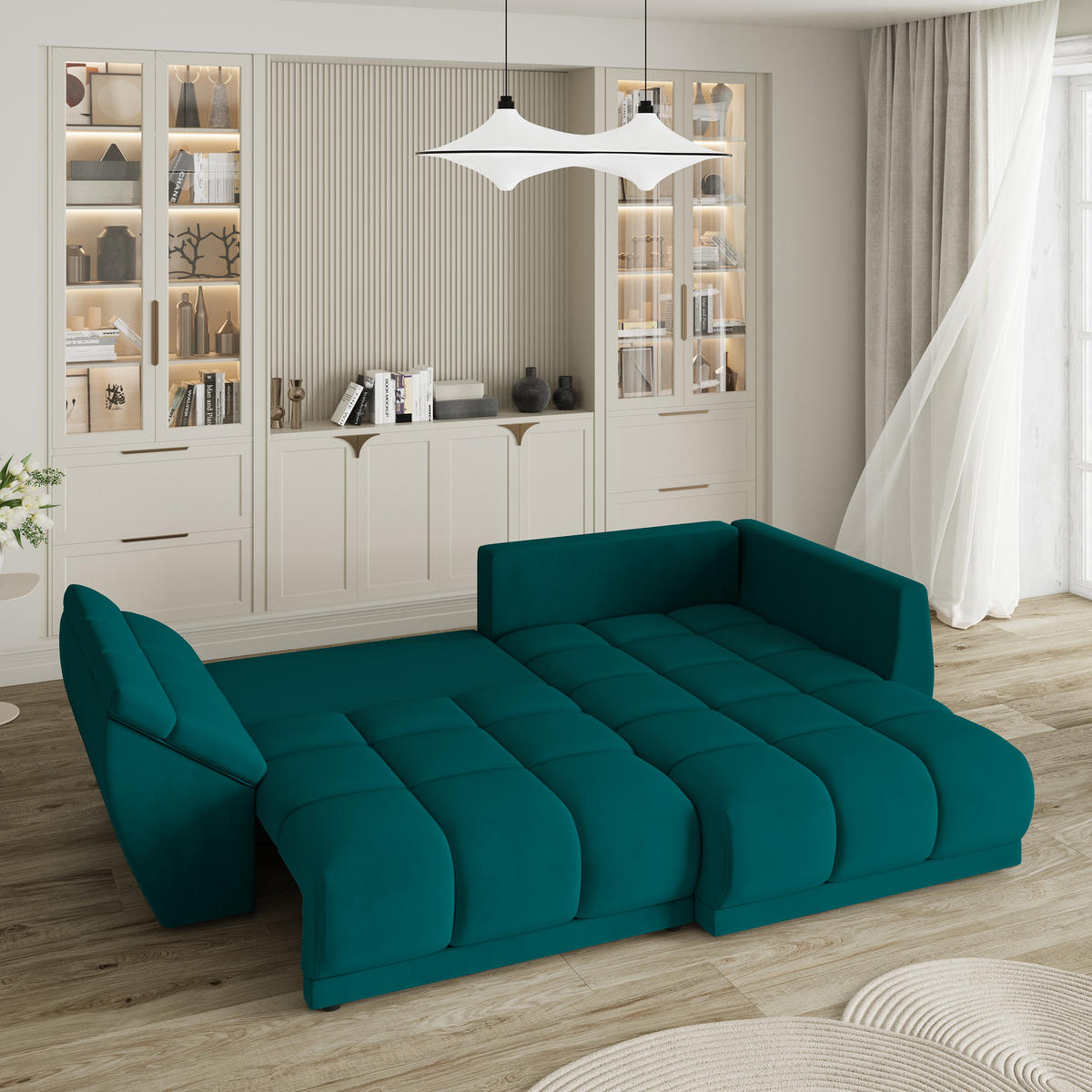 ECKSOFA ORENTI R-S Blau Velours-Stoff mit Schlaffunktion - Türkis, Holz (287/182cm) - MASSENO