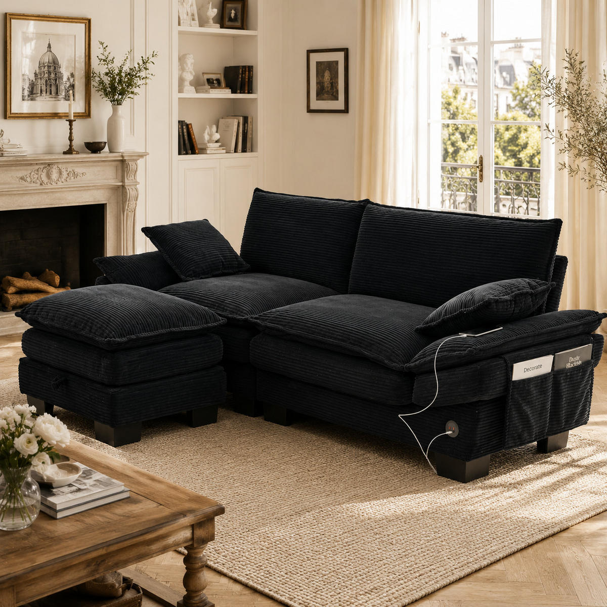 2-SITZER-SOFA DE-33749 mit Hocker und USB-C Schwarz - Schwarz, Metall (190/84/132cm) - ComfortXL