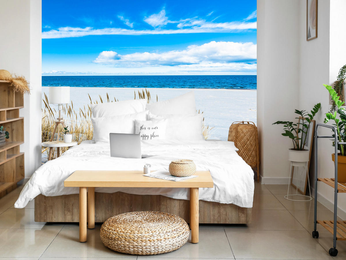 FOTOTAPETE für Badezimmer Sonnenstrand Meer Landschaft Sand 350x256 - Blau/Beige, Papier (350/256cm) - Muralo