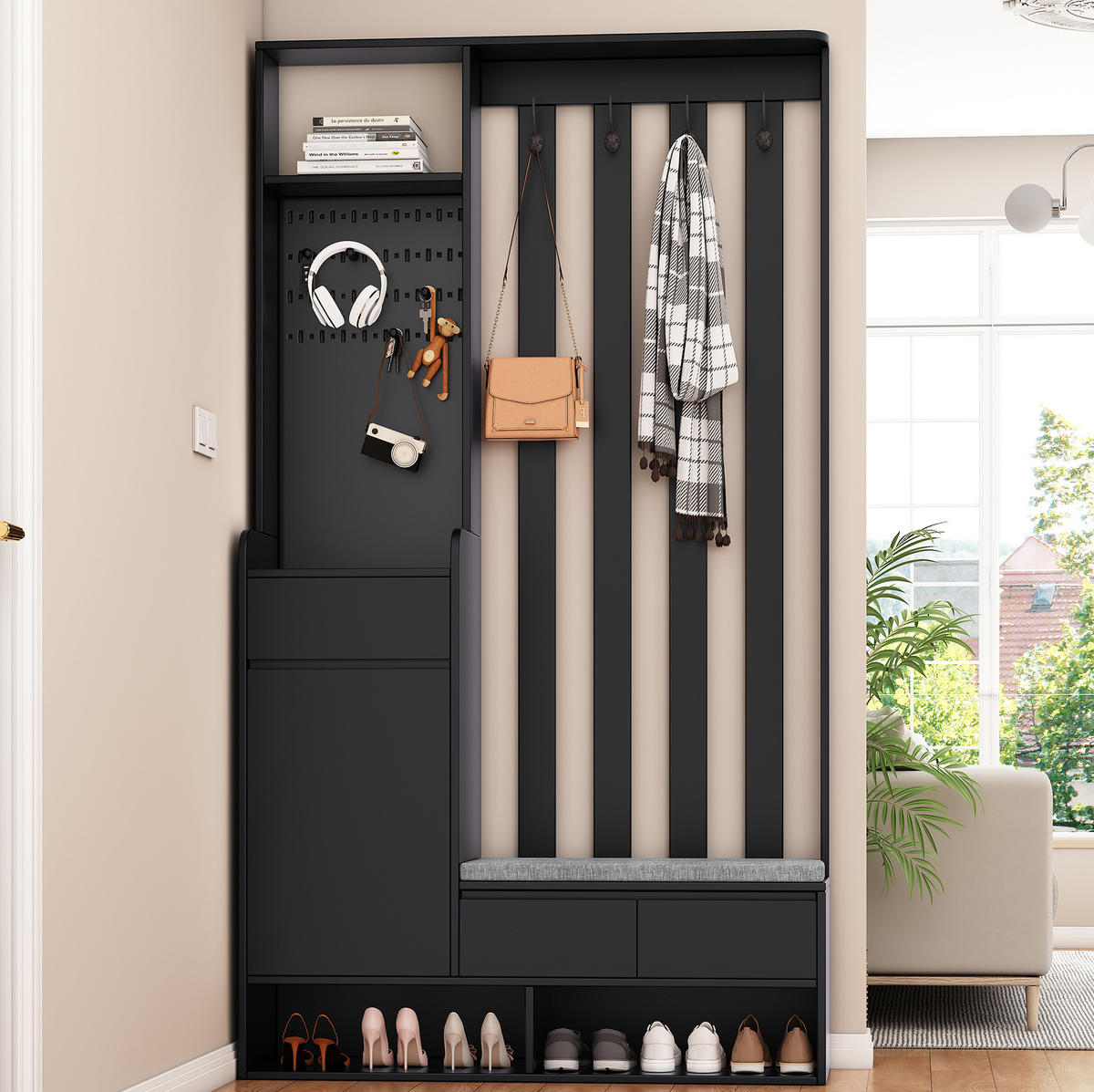 FLURGARDEROBE 100/35/180 cm aus MDF mit Sitzbank und Stecktafel Schwarz - Schwarz, Holzwerkstoff (100/180/35cm) - Modenvie