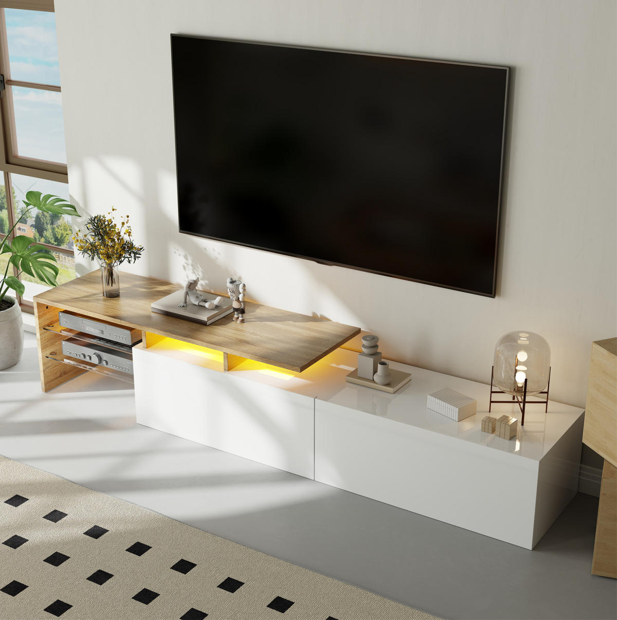 TV-LOWBOARD aus Spanplatte 170x33x33,5 cm Weiß/Natur mit LED-Beleuchtung und Glasböden - Weiß, Holzwerkstoff (170/33.5/33cm) - IVMEU