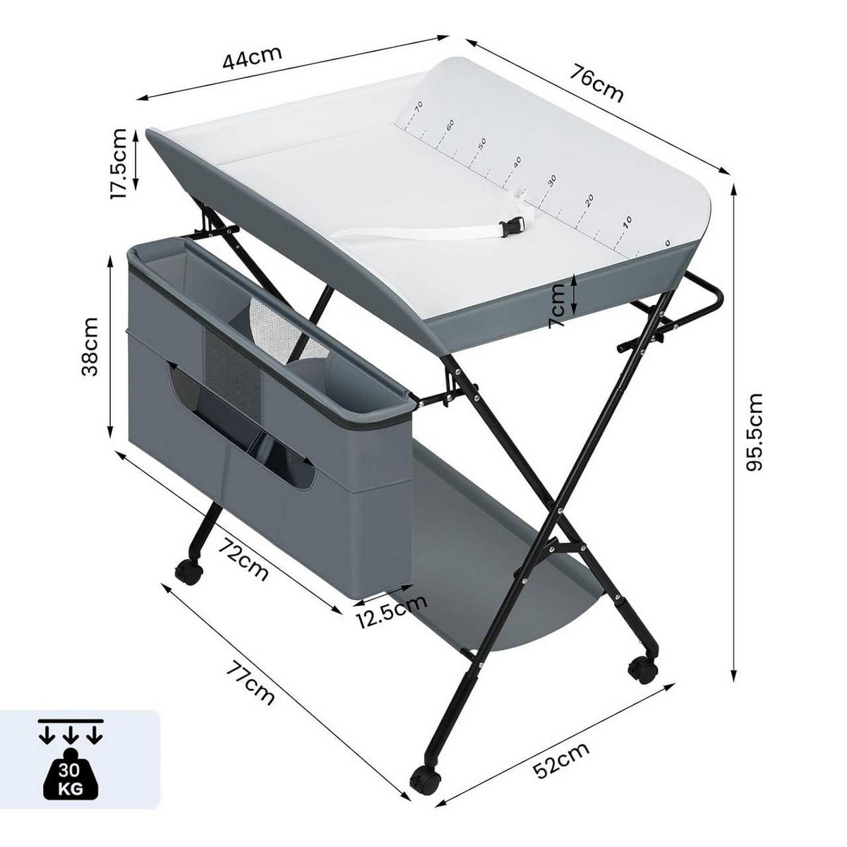 WICKELTISCH klappbar, Oxfordgewebe, Grau - Grau, Textil/Metall (77/95.5/52cm) - Woltu