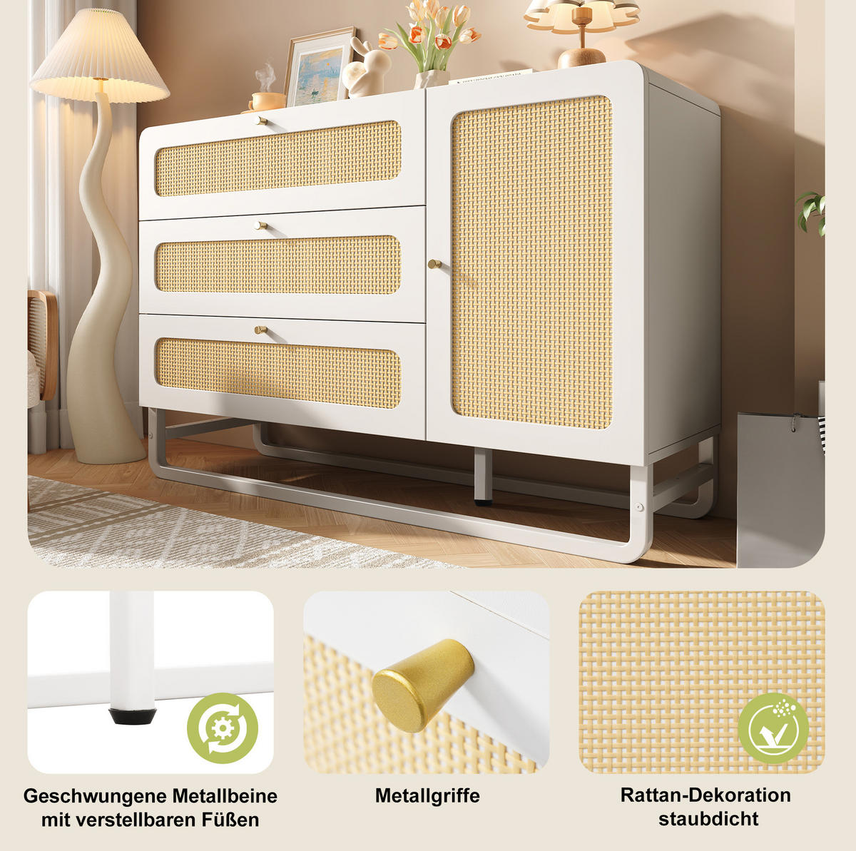 SIDEBOARD 120/40/85 cm weiß aus MDF und Metall mit Rattandekor - Weiß, Metall (120/85/40cm) - OKWISH