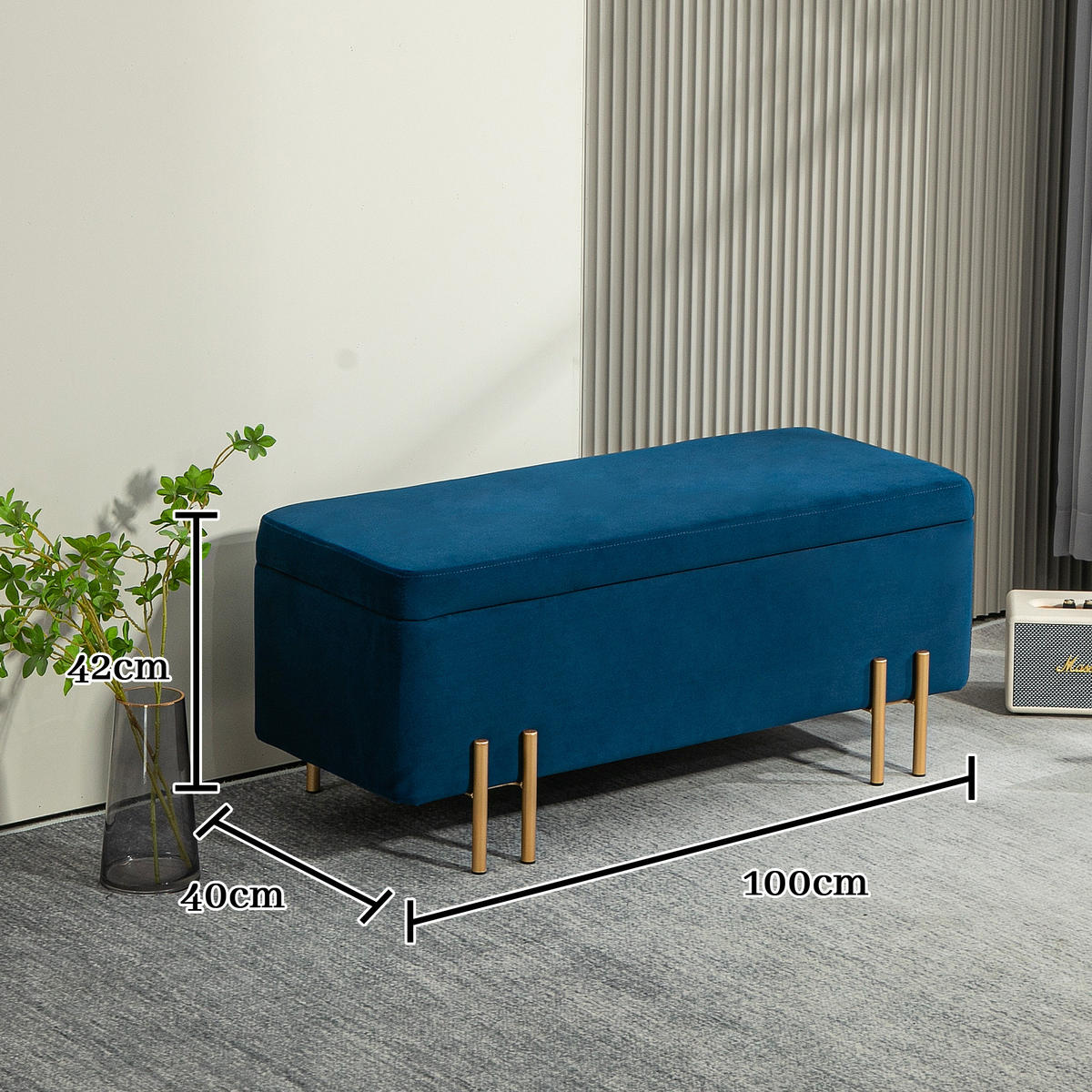 GEPOLSTERTE Sitzbank mit Stauraum, Metall, Kautschukholz, Schaumstoff Dunkelblau - Blau, Textil (40/42/100cm) - HOMCOM