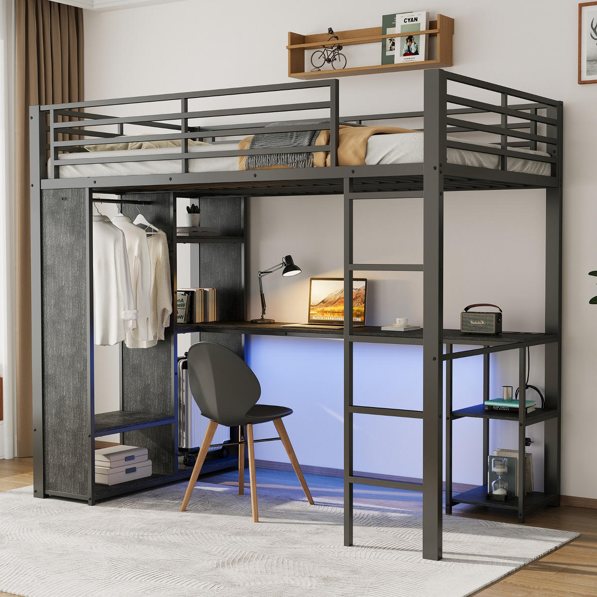 HOCHBETT 90/200 cm Schwarz mit LED-Lichtleiste, Schreibtisch und Offener Kleiderschrank - Schwarz, Metall (90/200cm) - Oxeza