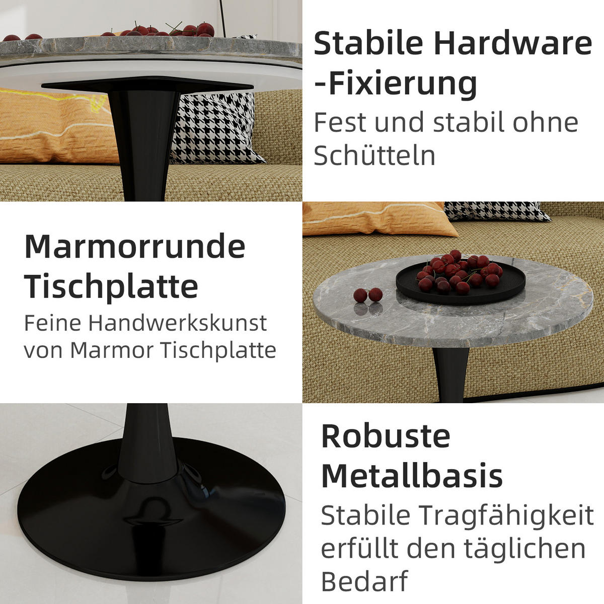 COUCHTISCH 70/70/72 cm Schwarz Grau mit runder Kunstmarmorplatte minimalistisches Design - Grau, Stein (70/70/72cm) - OKWISH