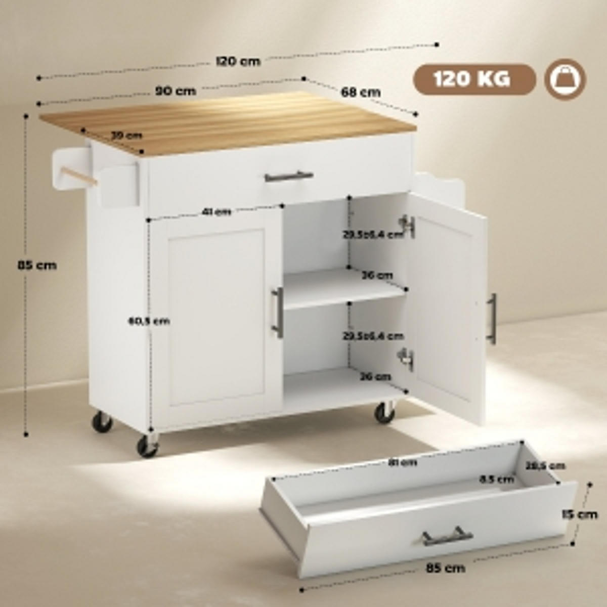 KÜCHENINSEL MIT ABKLAPPBARER ARBEITSPLATTE, Für Esszimmer Und Küche, 120/68/85 cm - Weiß, Holzwerkstoff (68/85/120cm) - Rolipo