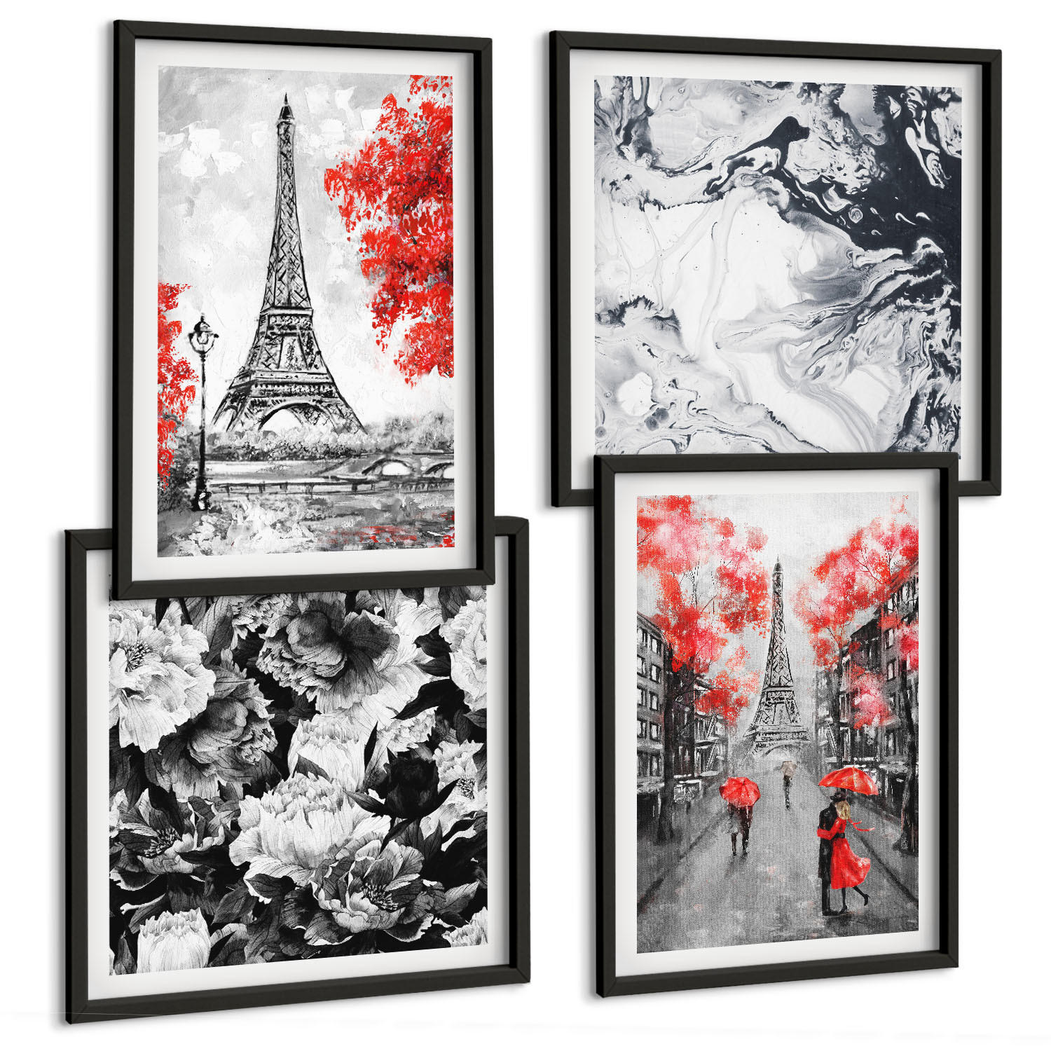 BILDER SET 4er Set - 50x50 cm & 40x60 cm Schwarzer Rahmen - graue Gemälde des Eiffelturms - Schwarz, Kunststoff (50/50cm) - TULUP