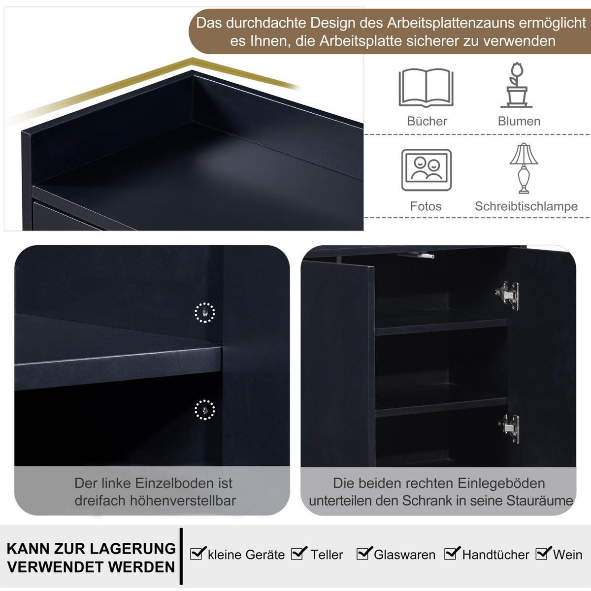 SIDEBOARDS 120cm, mit 4 Türen, verstellbaren Regalen, goldfarbenem Metallrahmen, Schwarz - Schwarz, Holzwerkstoff (120/30/80cm) - Waldena