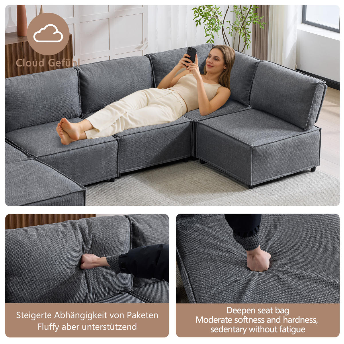 WOHNLANDSCHAFT Leinen Dunkelgrau - Dunkelgrau, Holzwerkstoff/Textil (308/77/152cm) - WISHDOR