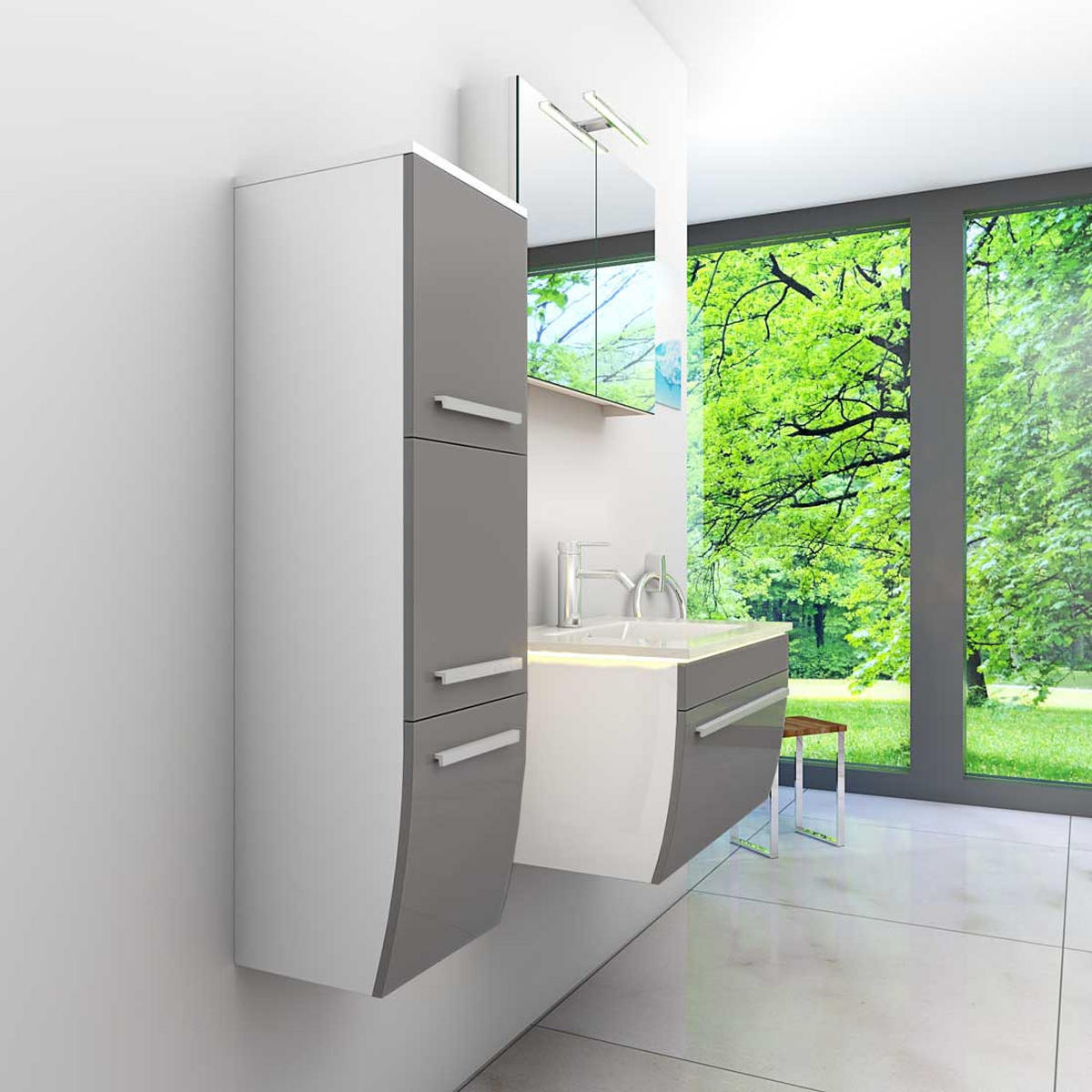 BADMÖBEL Set Gently 3 V2-L Weiß/Grau Badezimmermöbel Badspiegel Waschtisch 70 cm mit 1x 5W LED / Energiebox - Grau, Glas/Kunststoff (46/40/70cm) - AcquaVapore by Sandra Jentho