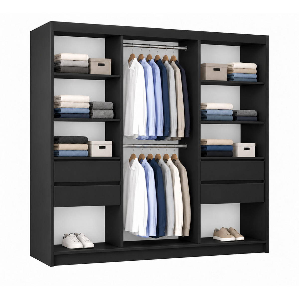 KLEIDERSCHRANK Gloria 200 cm Schwarz Spiegel 2 Schubl. Griffe silber - Schwarz, Holzwerkstoff (200/216/61cm) - KS Home Concept