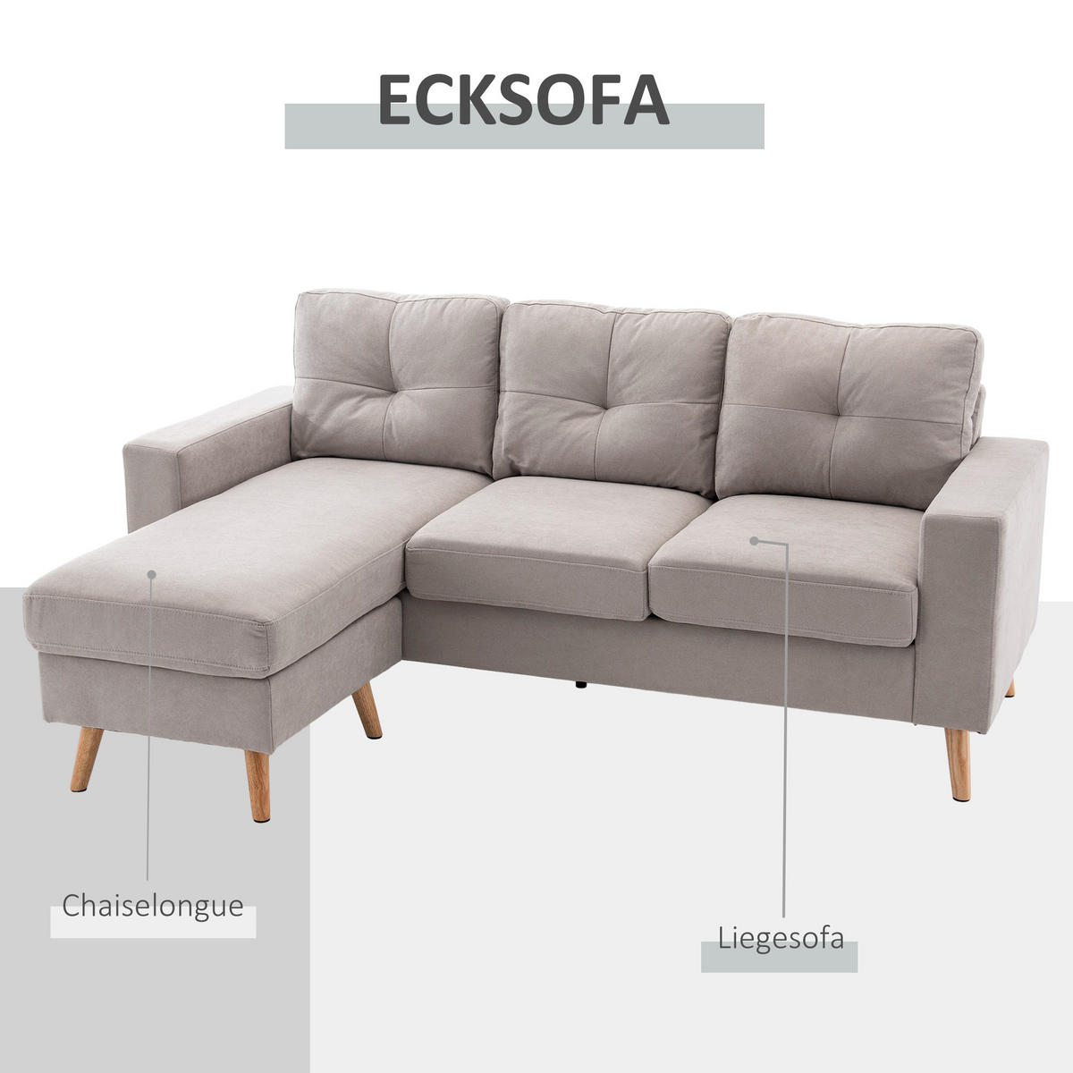 ECKSOFA Eckcouch in L-Form, Eckgarnitur in Leinenoptik Couchgarnitur Hellgrau - Hellgrau, Textil (136/193cm) - HOMCOM